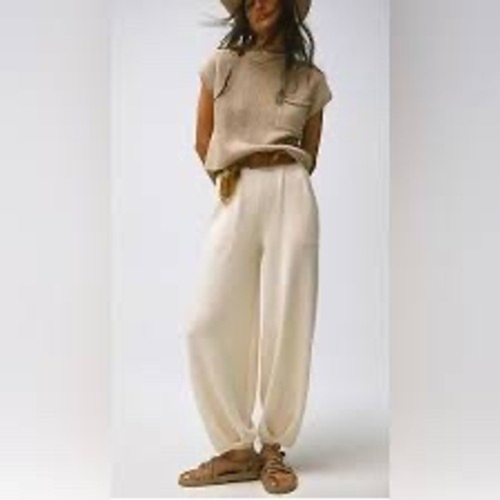 Free People Beach Freya Knit Barrel Leg Pants Ivory Cream High Waist M